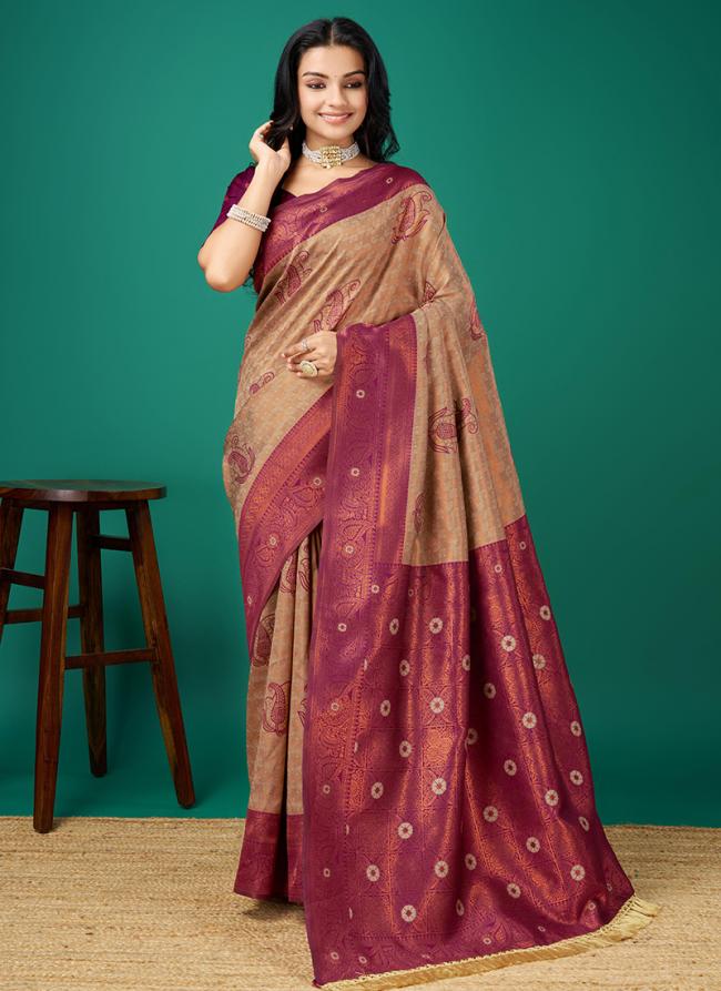 Soft Silk Dark Cream Festival Wear Weaving Saree